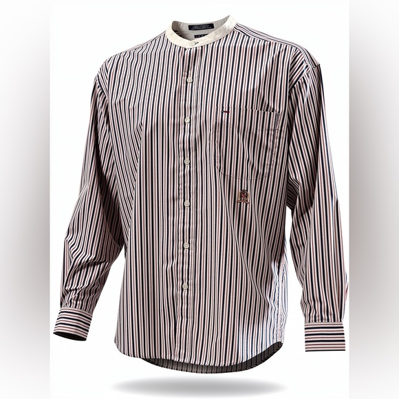 Vtg Tommy Hilfiger grandad Shirt Sz XL Crest Striped Poplin Band Collar preppy - Picture 5 of 16